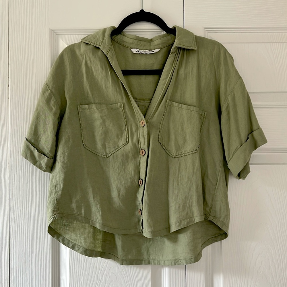 Zara XS Linen-Blend Green Blouse
